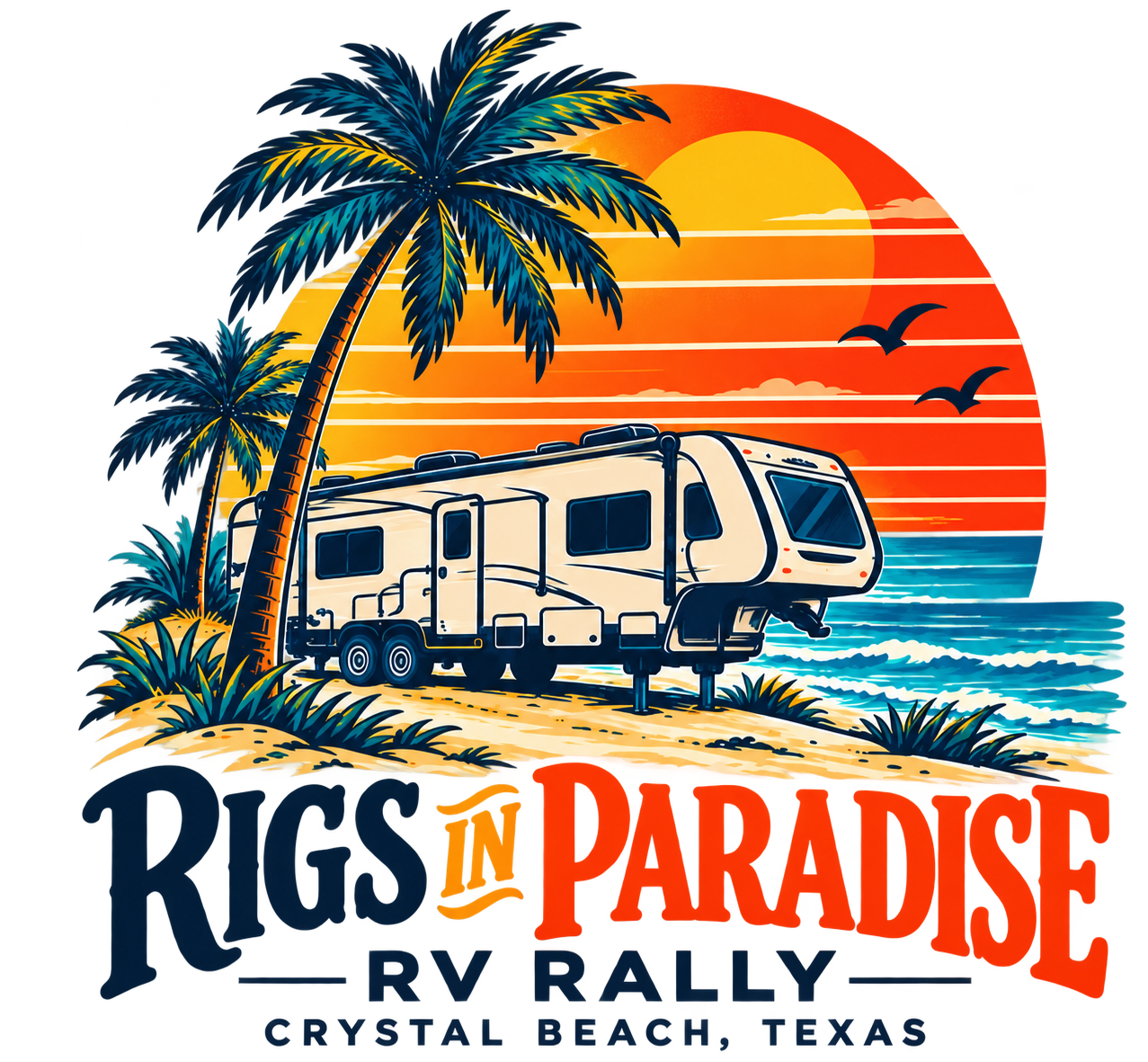 Rigs in Paradise artwork with an RV, palm trees, and a sunset